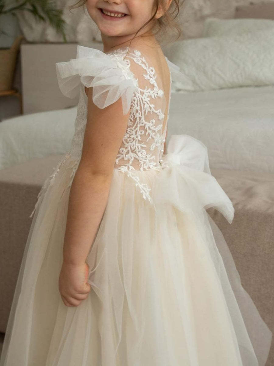 Sleeveless Luxurious A-Line Princess Flower Girl Dress Featuring Appliques and a Watteau Train