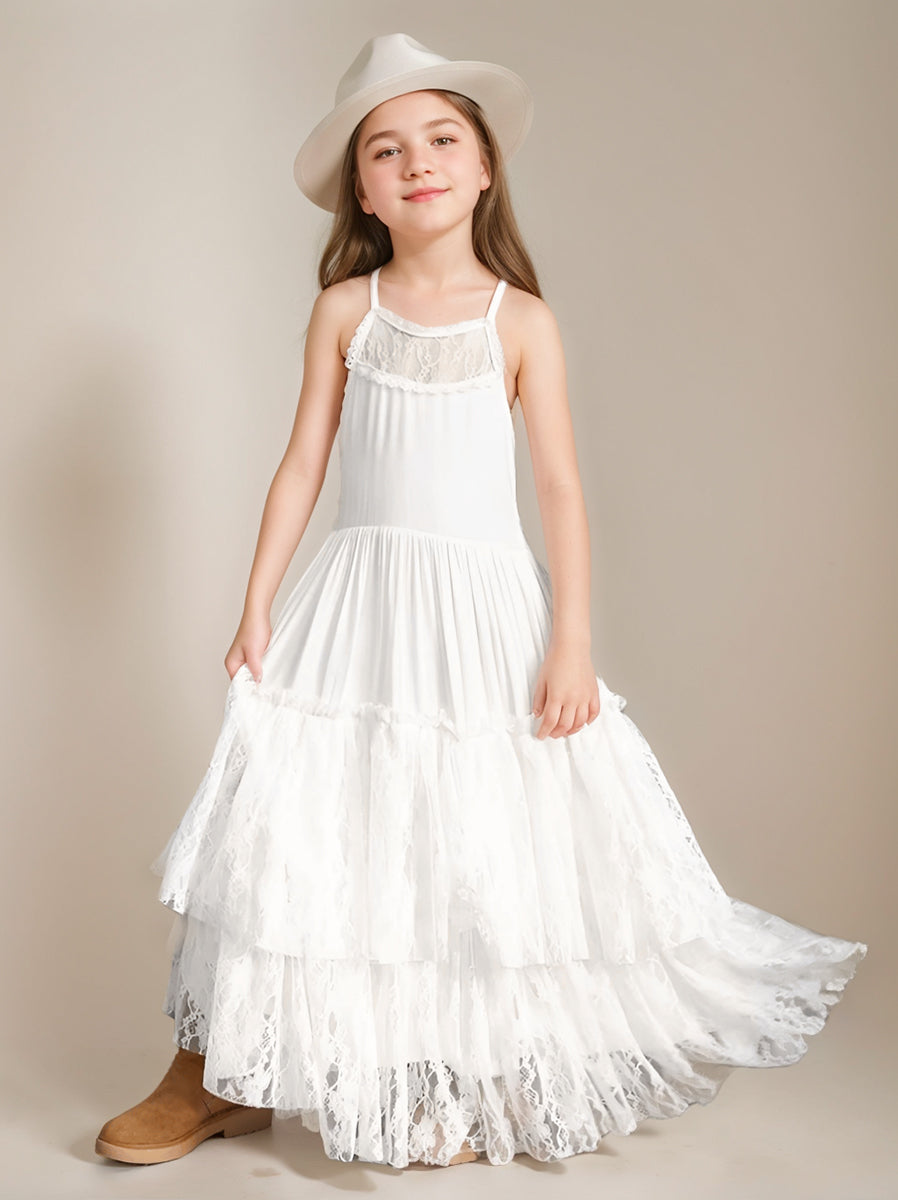 Halter Sleeveless A-Line Princess Flower Girl Dress Featuring Tiered Lace and Opened Back