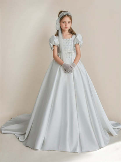 Square Neckline Ball-Gown with Short Sleeves and Sweep Train Flower Girl Dresses Featuring Bows