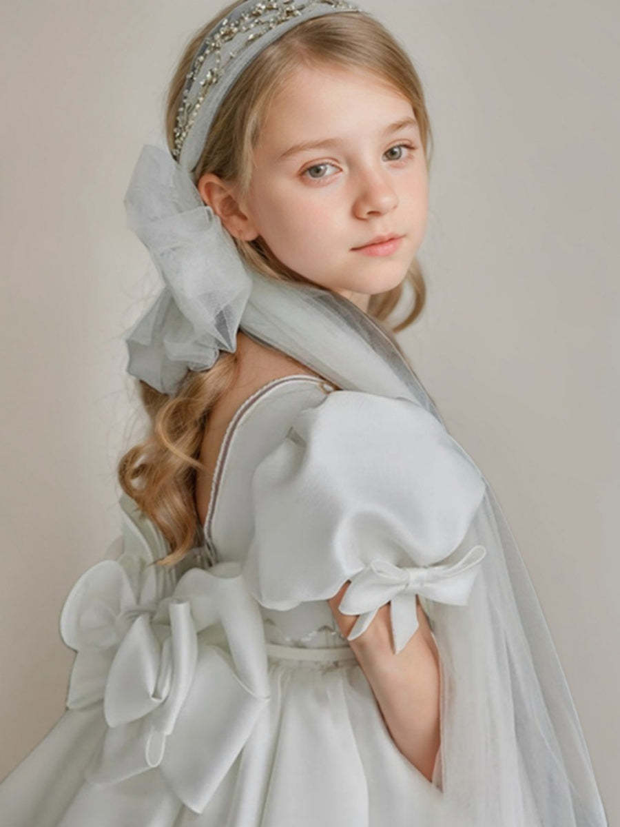 Square Neckline Ball-Gown with Short Sleeves and Sweep Train Flower Girl Dresses Featuring Bows