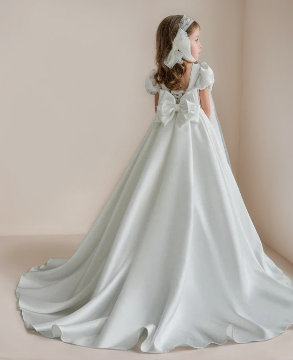 Square Neckline Ball-Gown with Short Sleeves and Sweep Train Flower Girl Dresses Featuring Bows