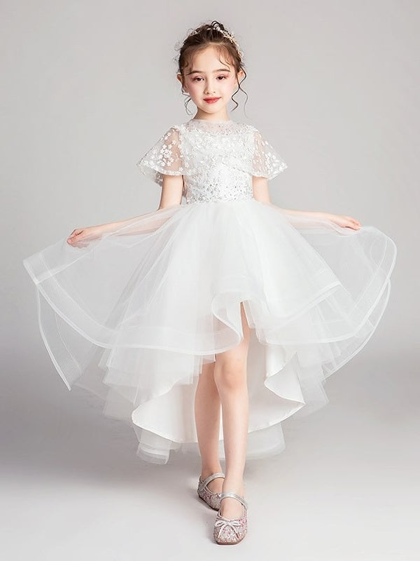 Princess A-Line Jewel Neck Asymmetrical Flower Girl Dresses with Flutter Sleeves and Lace Appliques