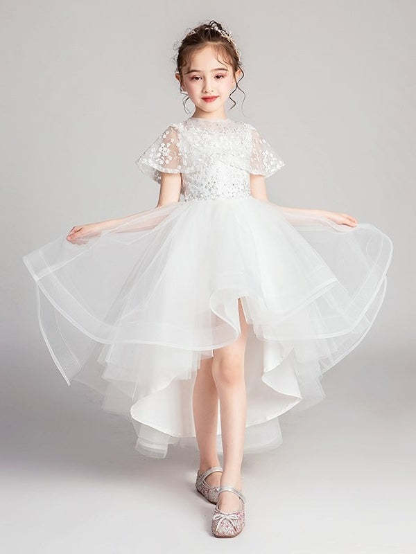 Princess A-Line Jewel Neck Asymmetrical Flower Girl Dresses with Flutter Sleeves and Lace Appliques