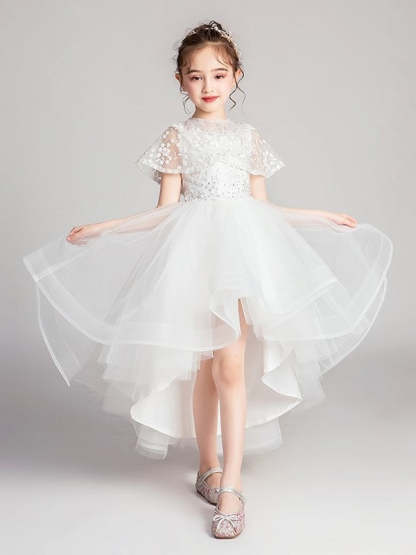 Princess A-Line Jewel Neck Asymmetrical Flower Girl Dresses with Flutter Sleeves and Lace Appliques