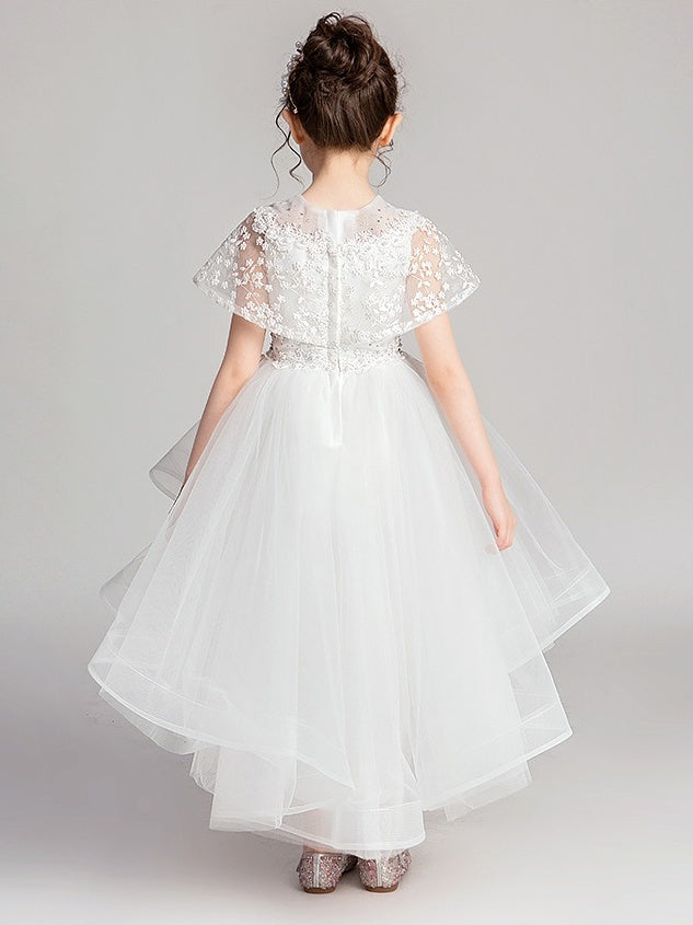 Princess A-Line Jewel Neck Asymmetrical Flower Girl Dresses with Flutter Sleeves and Lace Appliques