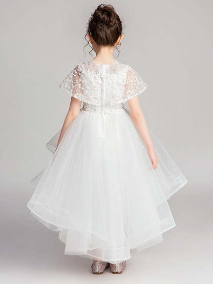 Princess A-Line Jewel Neck Asymmetrical Flower Girl Dresses with Flutter Sleeves and Lace Appliques
