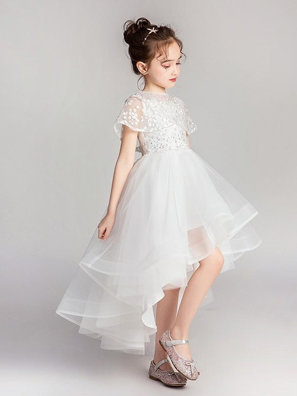Princess A-Line Jewel Neck Asymmetrical Flower Girl Dresses with Flutter Sleeves and Lace Appliques
