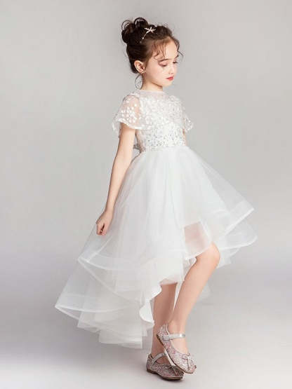 Princess A-Line Jewel Neck Asymmetrical Flower Girl Dresses with Flutter Sleeves and Lace Appliques
