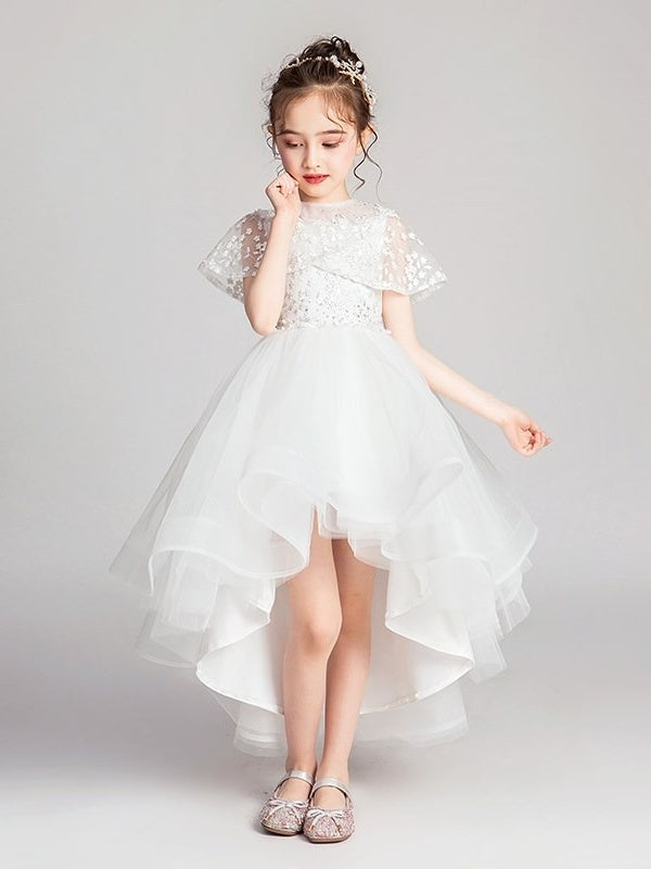 Princess A-Line Jewel Neck Asymmetrical Flower Girl Dresses with Flutter Sleeves and Lace Appliques