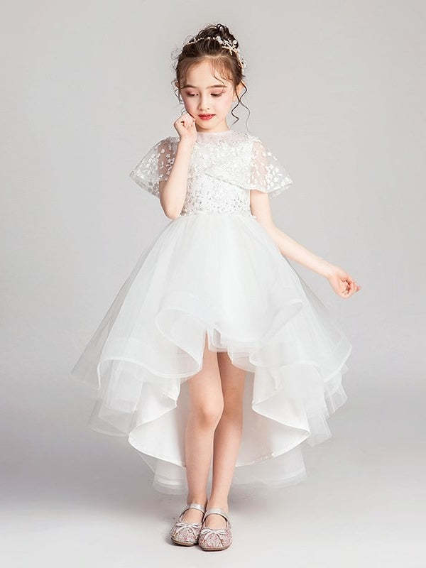 Princess A-Line Jewel Neck Asymmetrical Flower Girl Dresses with Flutter Sleeves and Lace Appliques