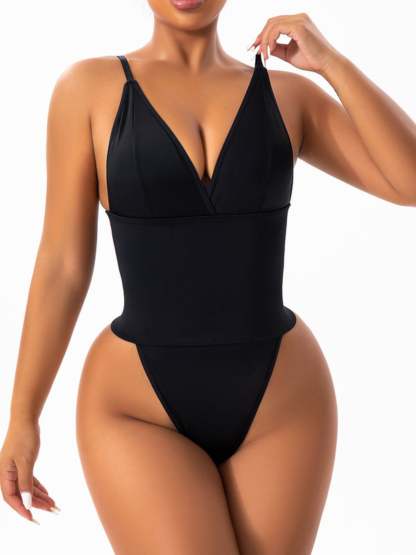 Black V-Neck Ruffle Bodysuit for Women - Comfortable Shapewear