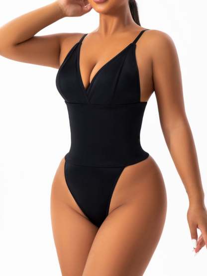 Black V-Neck Ruffle Bodysuit for Women - Comfortable Shapewear