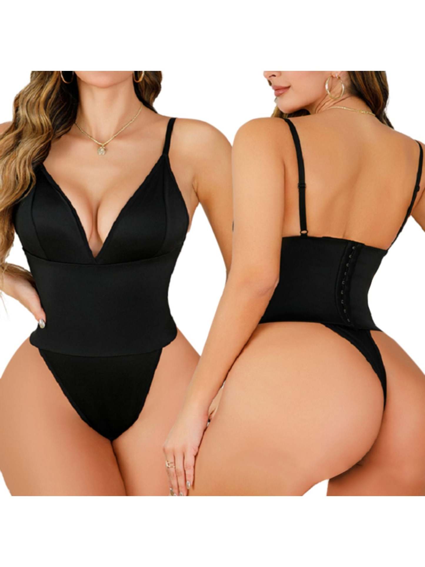 Black V-Neck Ruffle Bodysuit for Women - Comfortable Shapewear