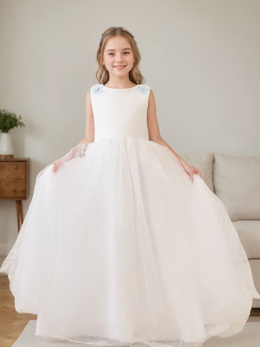 Ivory Floor-length Princess Ball-Gown with 3D Flower Tulle for Flower Girls