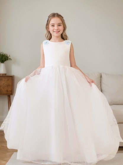 Ivory Floor-length Princess Ball-Gown with 3D Flower Tulle for Flower Girls
