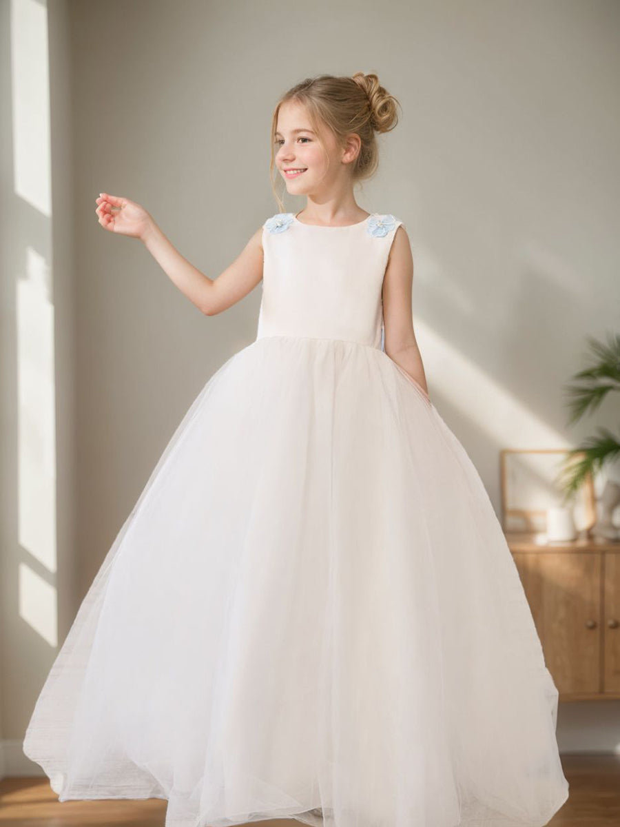 Ivory Floor-length Princess Ball-Gown with 3D Flower Tulle for Flower Girls
