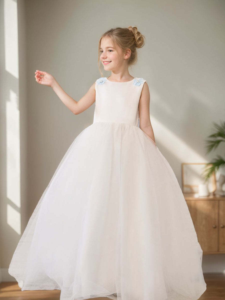 Ivory Floor-length Princess Ball-Gown with 3D Flower Tulle for Flower Girls