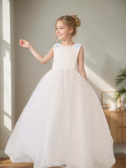 Ivory Floor-length Princess Ball-Gown with 3D Flower Tulle for Flower Girls