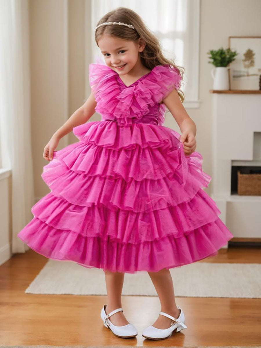 Pink Sleeveless Tulle Flower Girl Ball-Gown with Ruffles