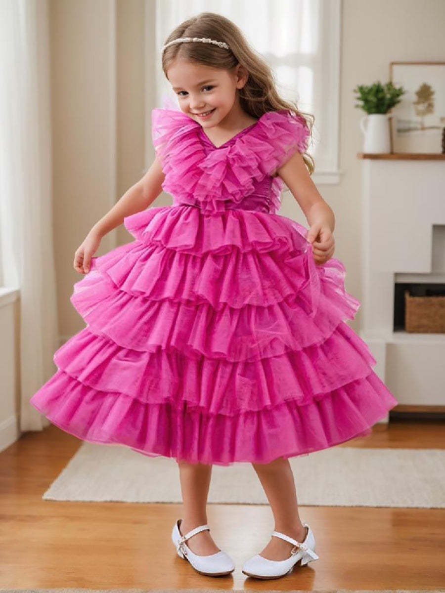 Pink Sleeveless Tulle Flower Girl Ball-Gown with Ruffles