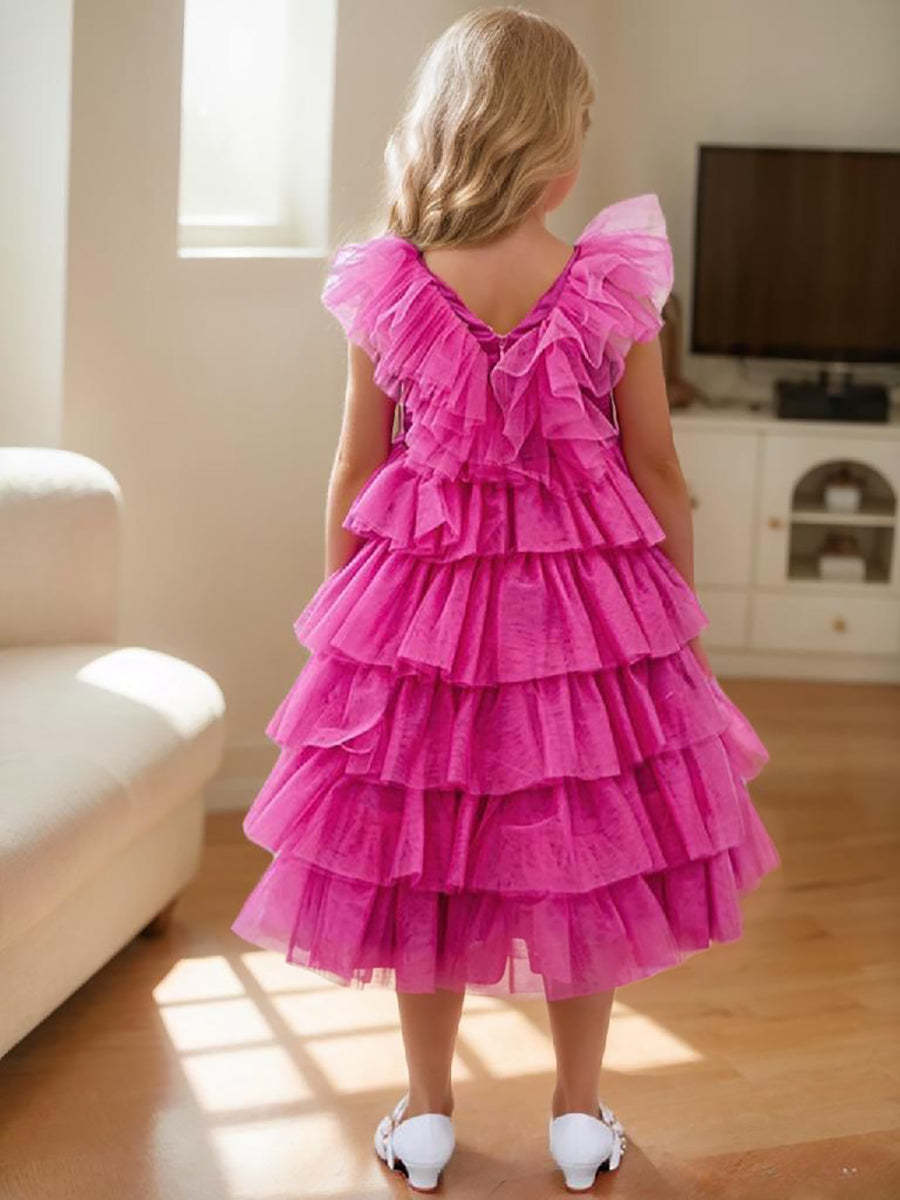Pink Sleeveless Tulle Flower Girl Ball-Gown with Ruffles