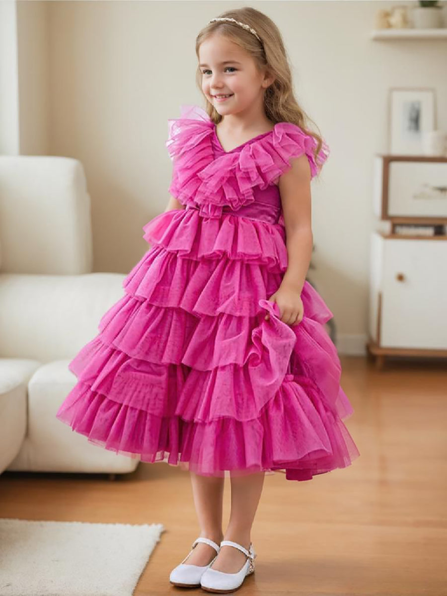 Pink Sleeveless Tulle Flower Girl Ball-Gown with Ruffles