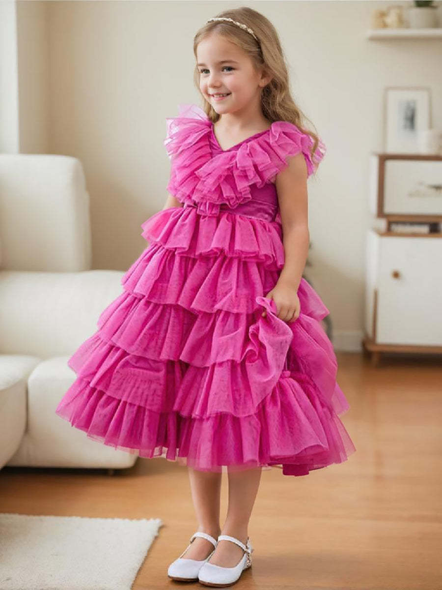 Pink Sleeveless Tulle Flower Girl Ball-Gown with Ruffles