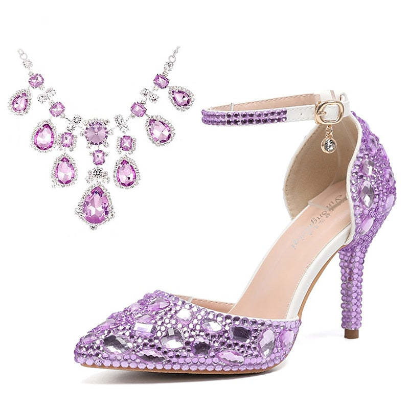 Bridal Pumps for Women: Faux Leather Pointed-Toe Stiletto Heels with Crystal Detail