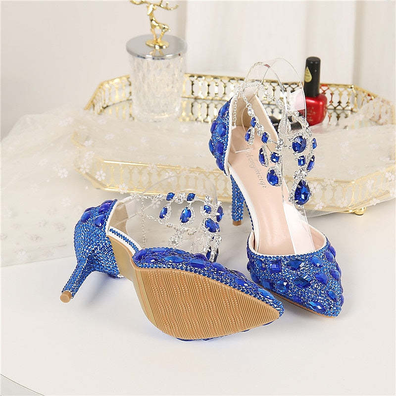 Bridal Pumps for Women: Faux Leather Pointed-Toe Stiletto Heels with Crystal Detail