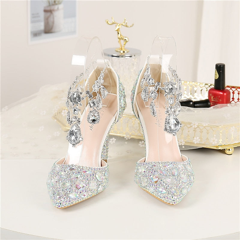 Bridal Pumps for Women: Faux Leather Pointed-Toe Stiletto Heels with Crystal Detail