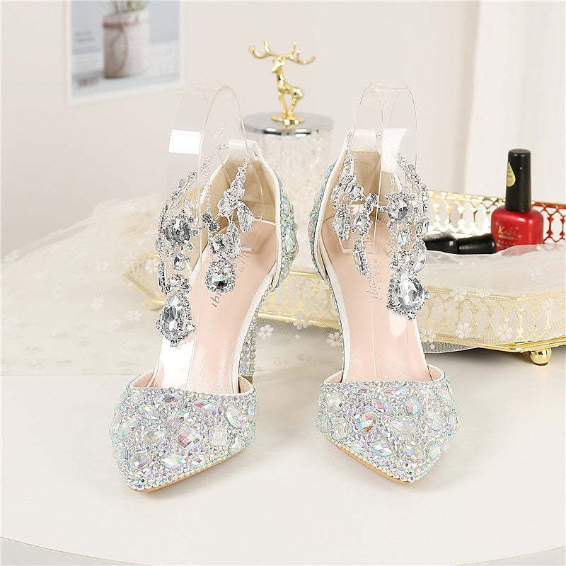 Bridal Pumps for Women: Faux Leather Pointed-Toe Stiletto Heels with Crystal Detail