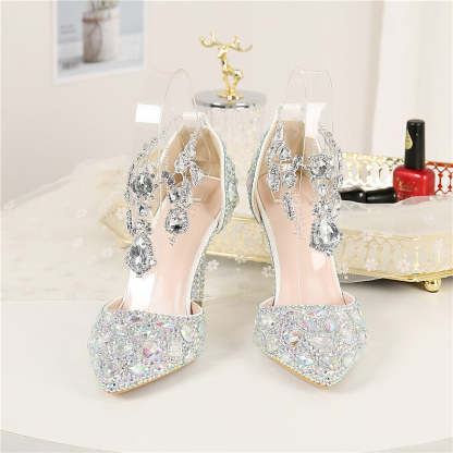 Bridal Pumps for Women: Faux Leather Pointed-Toe Stiletto Heels with Crystal Detail