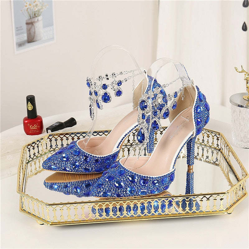 Bridal Pumps for Women: Faux Leather Pointed-Toe Stiletto Heels with Crystal Detail