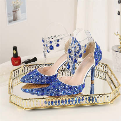 Bridal Pumps for Women: Faux Leather Pointed-Toe Stiletto Heels with Crystal Detail
