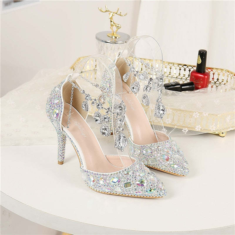 Bridal Pumps for Women: Faux Leather Pointed-Toe Stiletto Heels with Crystal Detail