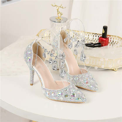 Bridal Pumps for Women: Faux Leather Pointed-Toe Stiletto Heels with Crystal Detail