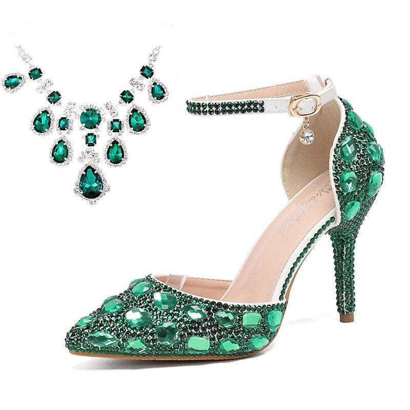 Bridal Pumps for Women: Faux Leather Pointed-Toe Stiletto Heels with Crystal Detail