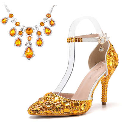 Bridal Pumps for Women: Faux Leather Pointed-Toe Stiletto Heels with Crystal Detail