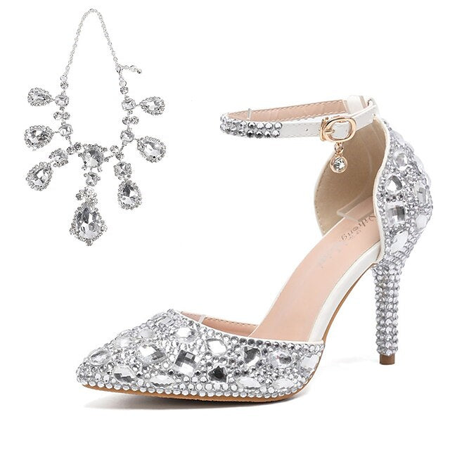 Bridal Pumps for Women: Faux Leather Pointed-Toe Stiletto Heels with Crystal Detail