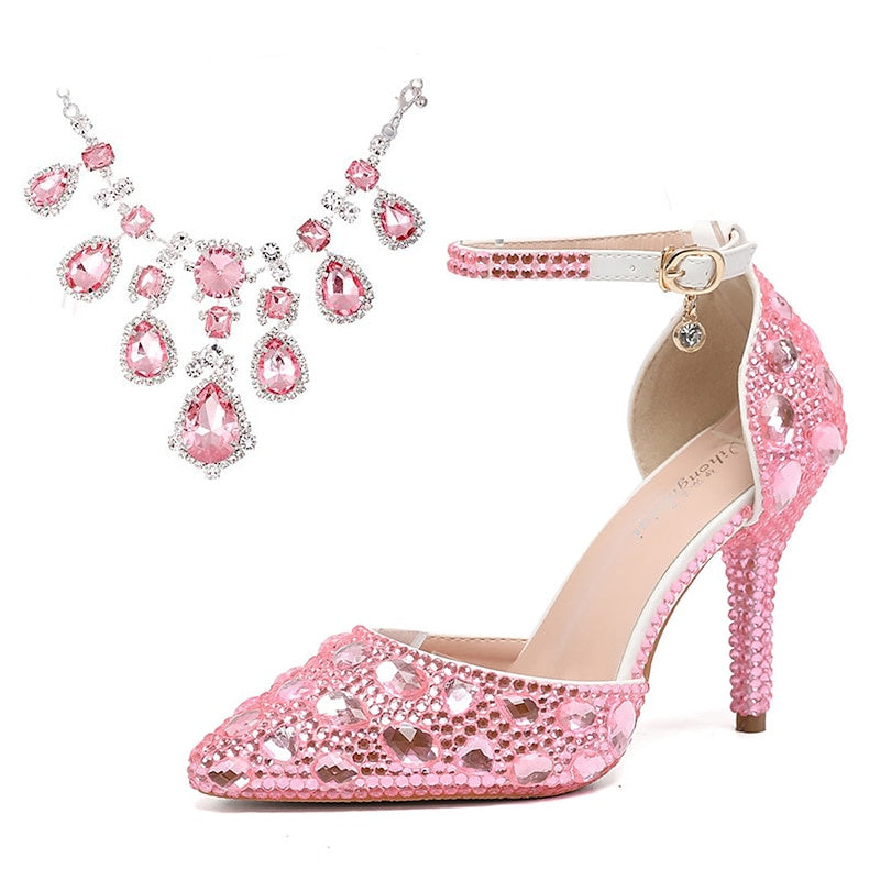 Bridal Pumps for Women: Faux Leather Pointed-Toe Stiletto Heels with Crystal Detail