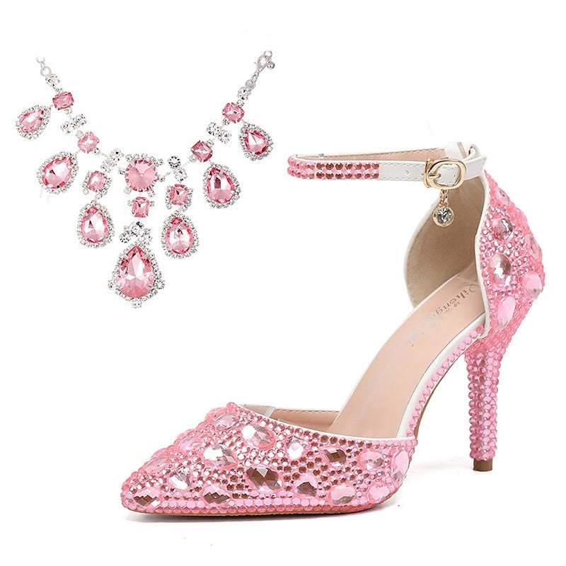 Bridal Pumps for Women: Faux Leather Pointed-Toe Stiletto Heels with Crystal Detail