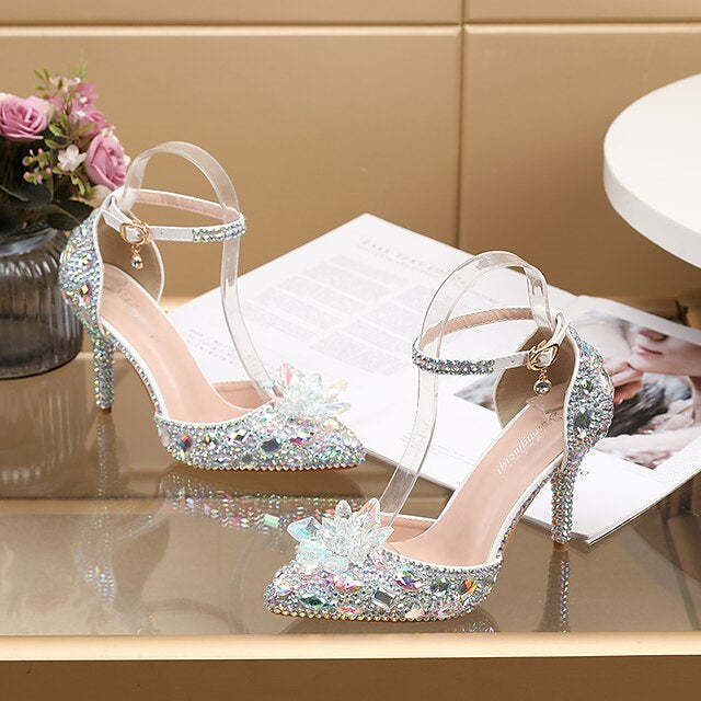 Silver Blue PU Bridal Pumps for Women - Pointed Toe Closed Wedding Shoes