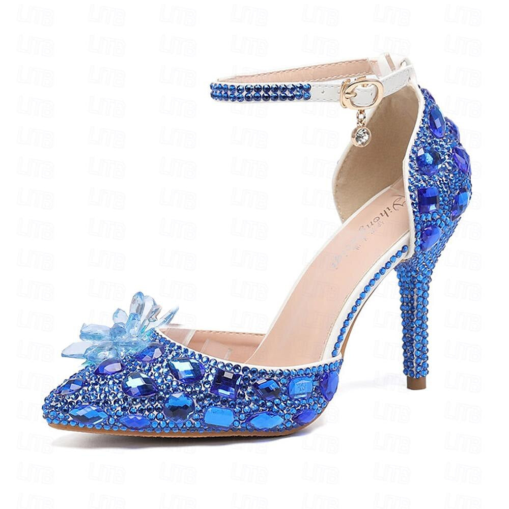 Silver Blue PU Bridal Pumps for Women - Pointed Toe Closed Wedding Shoes