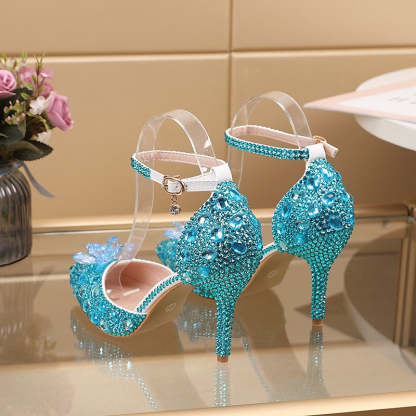 Silver Blue PU Bridal Pumps for Women - Pointed Toe Closed Wedding Shoes