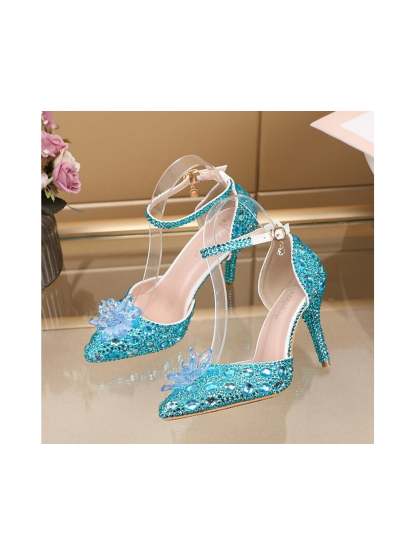 Silver Blue PU Bridal Pumps for Women - Pointed Toe Closed Wedding Shoes