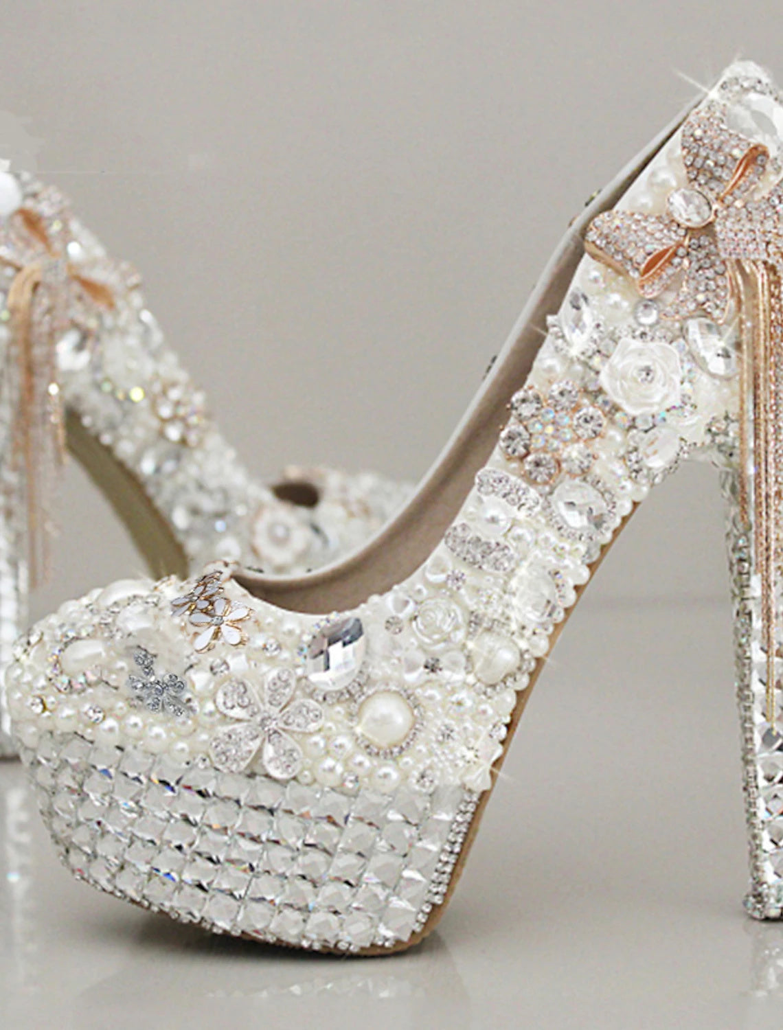 Bridal Stiletto Heels with Rhinestone Crystal Imitation Pearl Bowknot and Tassel Details
