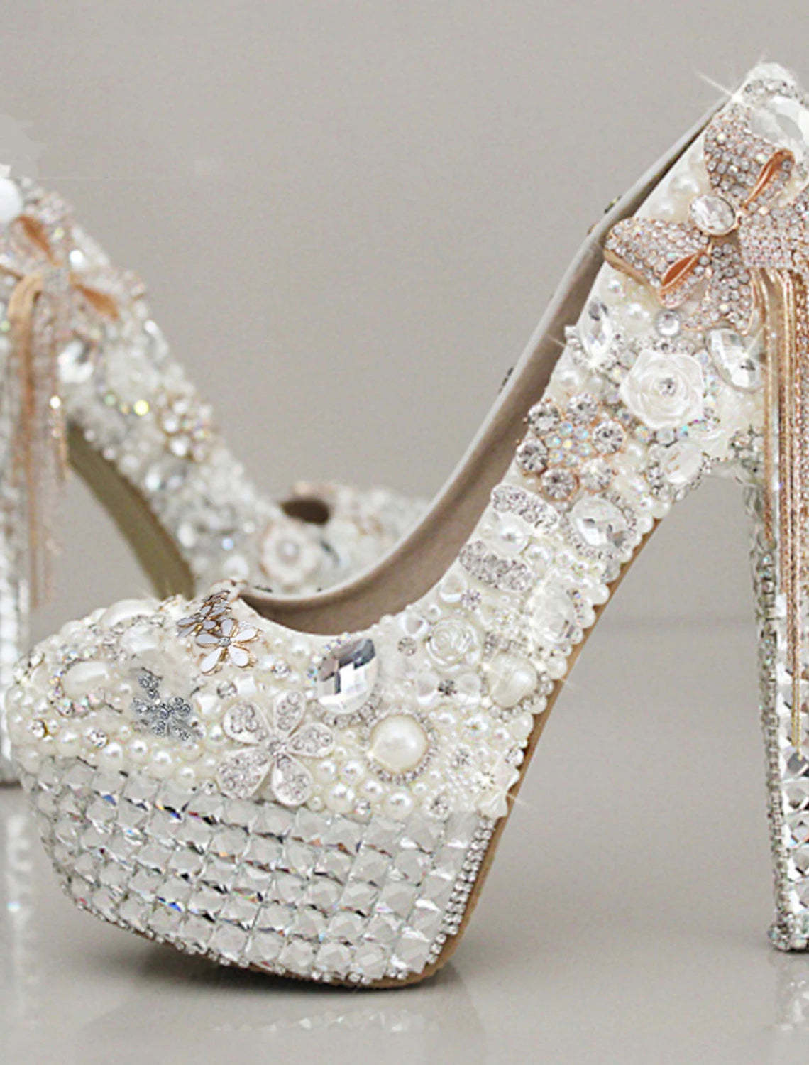 Bridal Stiletto Heels with Rhinestone Crystal Imitation Pearl Bowknot and Tassel Details