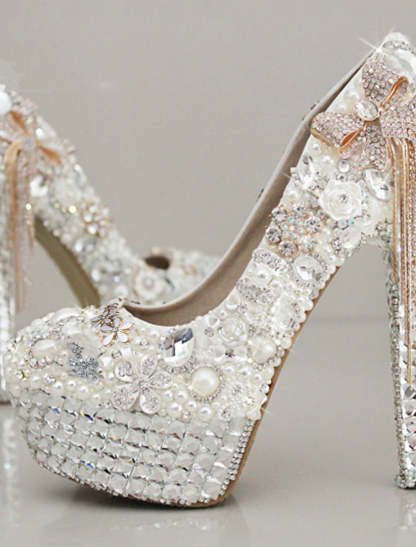 Bridal Stiletto Heels with Rhinestone Crystal Imitation Pearl Bowknot and Tassel Details