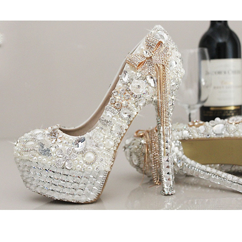 Bridal Stiletto Heels with Rhinestone Crystal Imitation Pearl Bowknot and Tassel Details