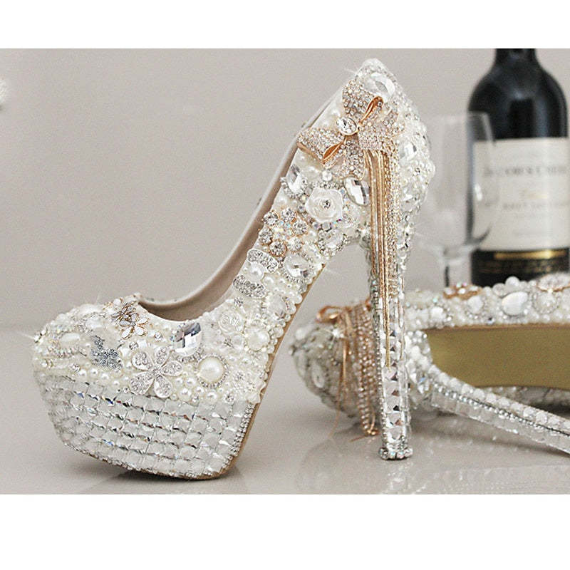Bridal Stiletto Heels with Rhinestone Crystal Imitation Pearl Bowknot and Tassel Details